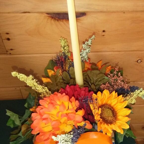 Hand Crafted Floral Table Centerpiece Pumpkin Fall Artificial Flower Arrangement - Picture 3 of 9